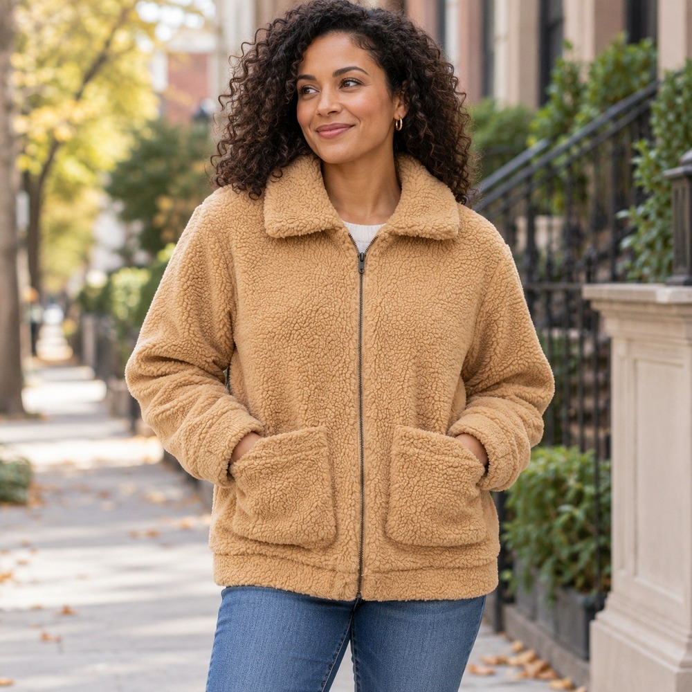 Elodie Womens M Tan Teddy Sherpa Fleece Full Zip Jacket Lined Pockets